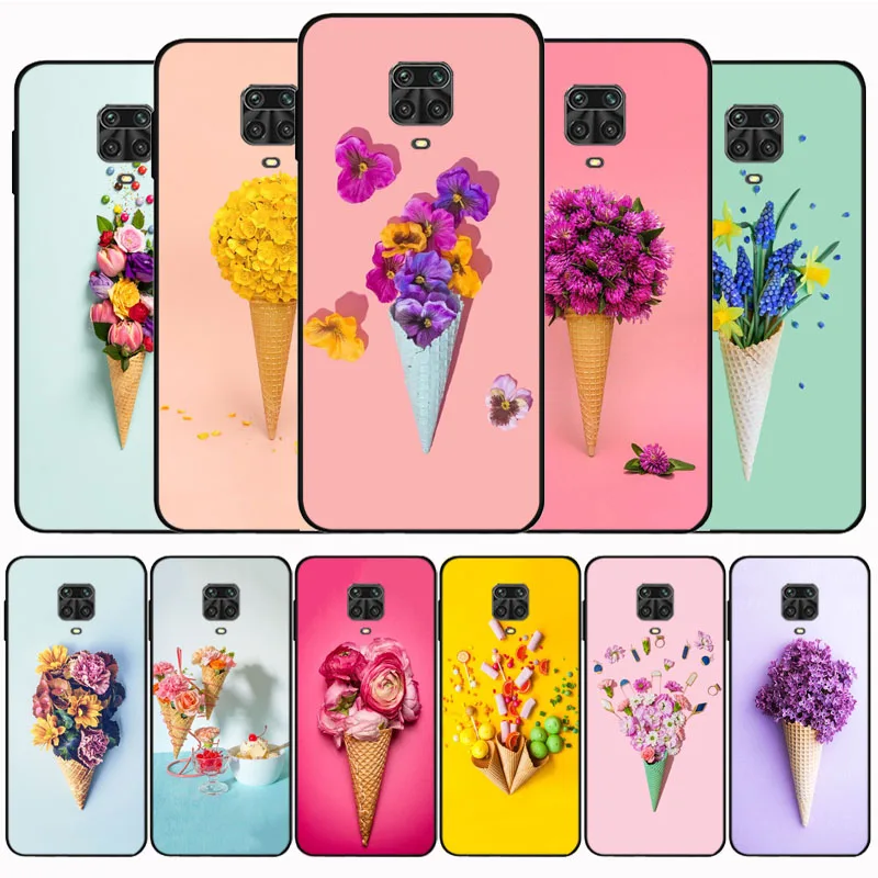 Ice Cream Flower Black Soft Phone Case for Redmi 5Plus 7A 8A 9A 6Pro 9T 10X Note10 Pro Max Poco X3 M3 K40 Mi Note 10 Cover | Мобильные