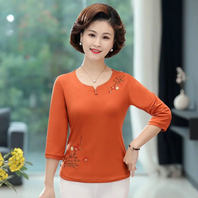 

Embroidery Cotton Blouse Women Autumn Round Collar Three Quater Sleeve Top Woman Flower Pattern Orange Red Blouses New Arrival