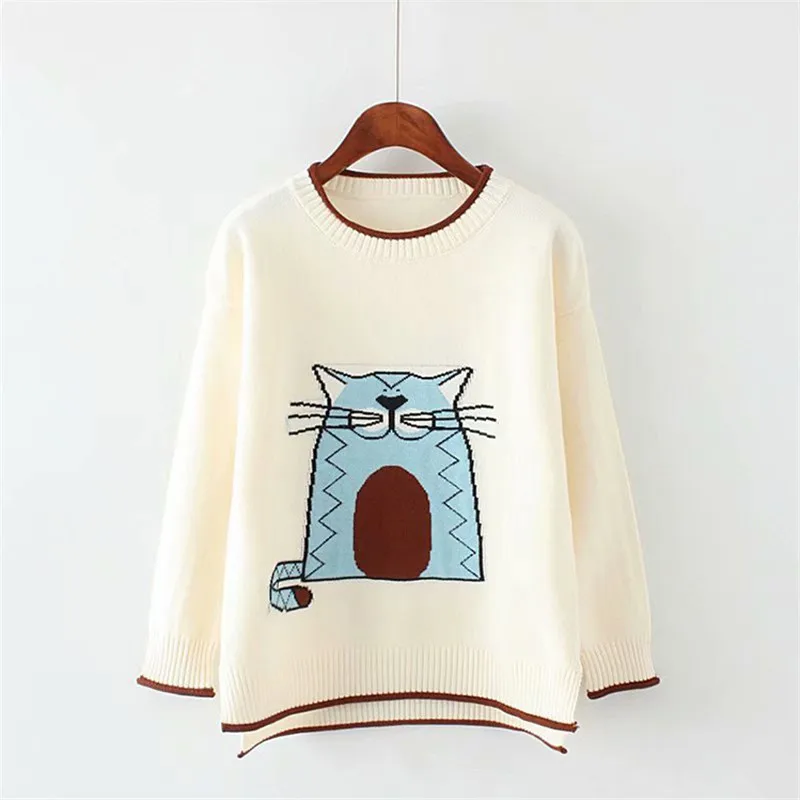 2019 new autumn winter female cartoon cute cat pattern long sleeves o-neck knitted pullover high quality women sweater Top | Женская