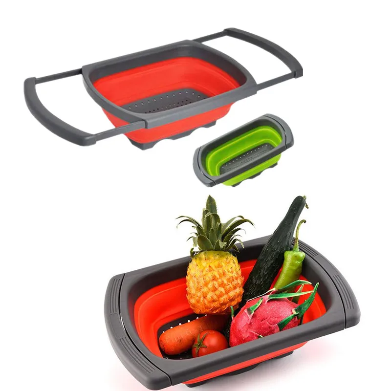 Folding Drain Basket Retractable Fruit Basket Storage Fruit Basket Silicone Folding Washing Basket Draining Sink Box TX-350BY