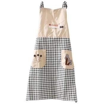 

JEYL Classical Embroidery Apron Plaid Women Bowknot Kitchen Chef Apron Dress With Pocket Gifts Shoulder Strap Style Gray