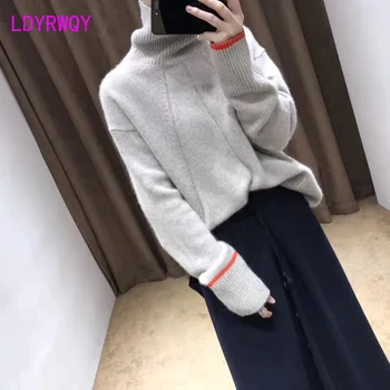 

Autumn and winter 2019 new women's turtleneck cashmere sweater thick loose large size color matching women