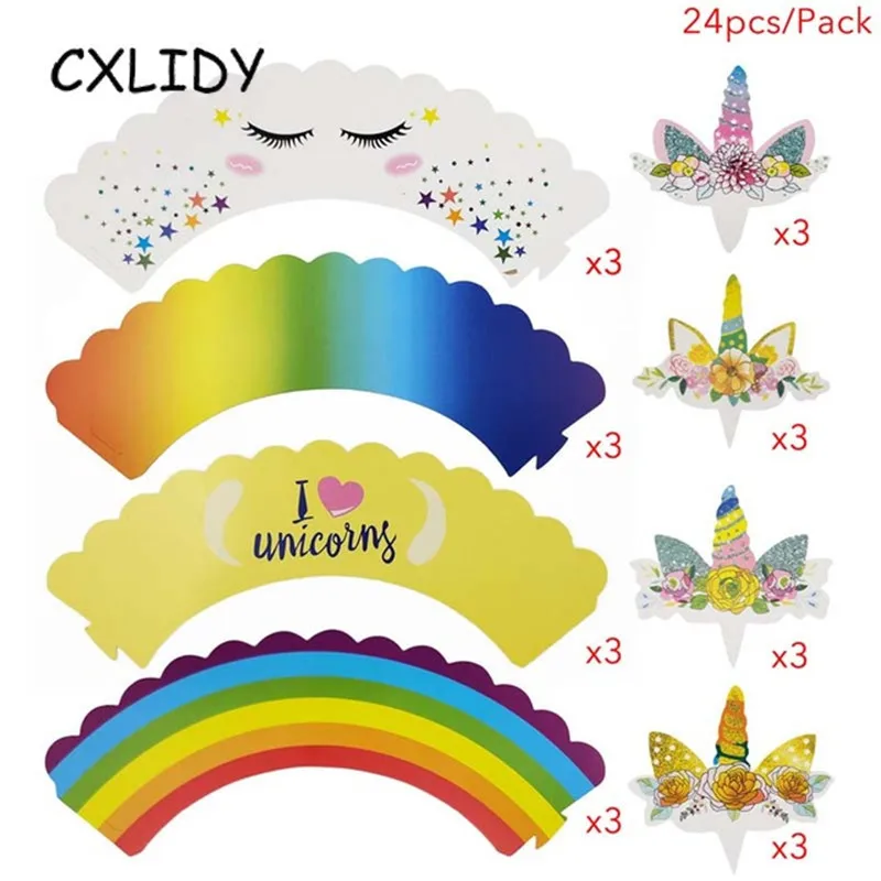 Rainbow Unicorn Cupcake Wrappers Cake Topper Happy Birthday Party Cake Decorations Kids Baby Shower Unicorn Party Supplies GM001 (4)