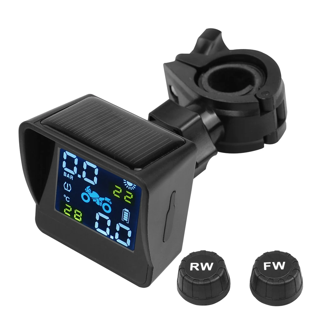 USB Solar Charging Motorcycle TPMS Motor Tire Pressure Tyre Temperature Monitoring Alarm System with 2 External Sensors