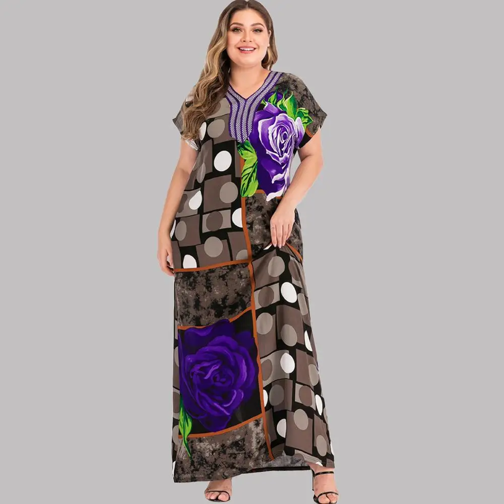 Женское длинное платье с цветочным принтом коротким рукавом и V образным
