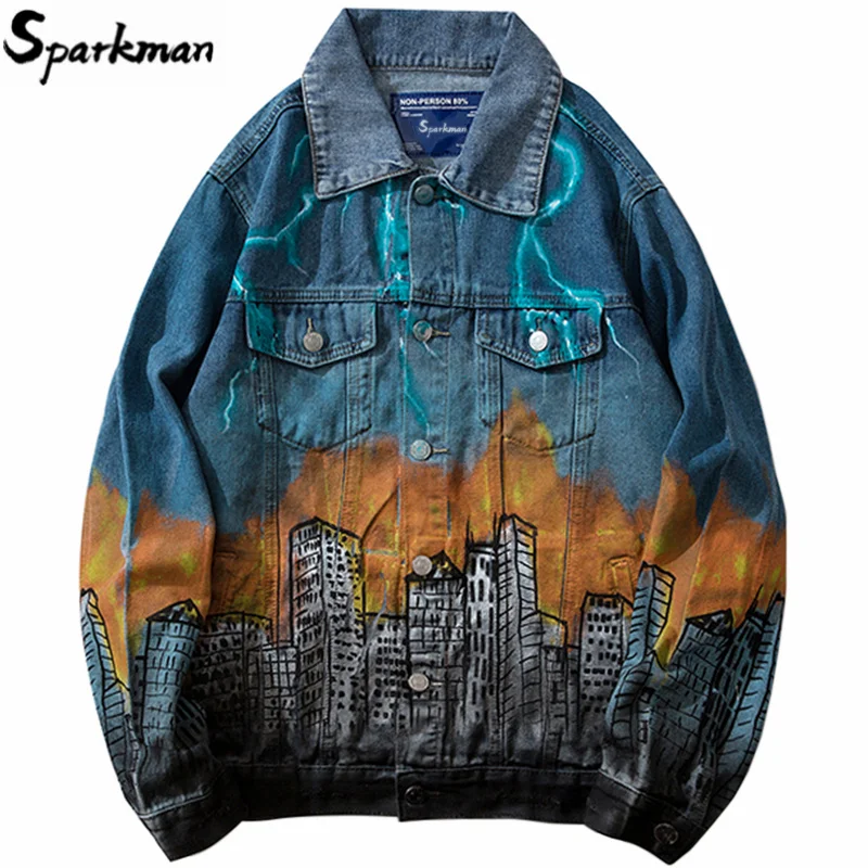 

2019 Denim Jacket Monster Attack Mens Hip Hop Denim Bomber Jacket Lightning Harajuku Streetwear Jeans Jacket Vintage Hipster