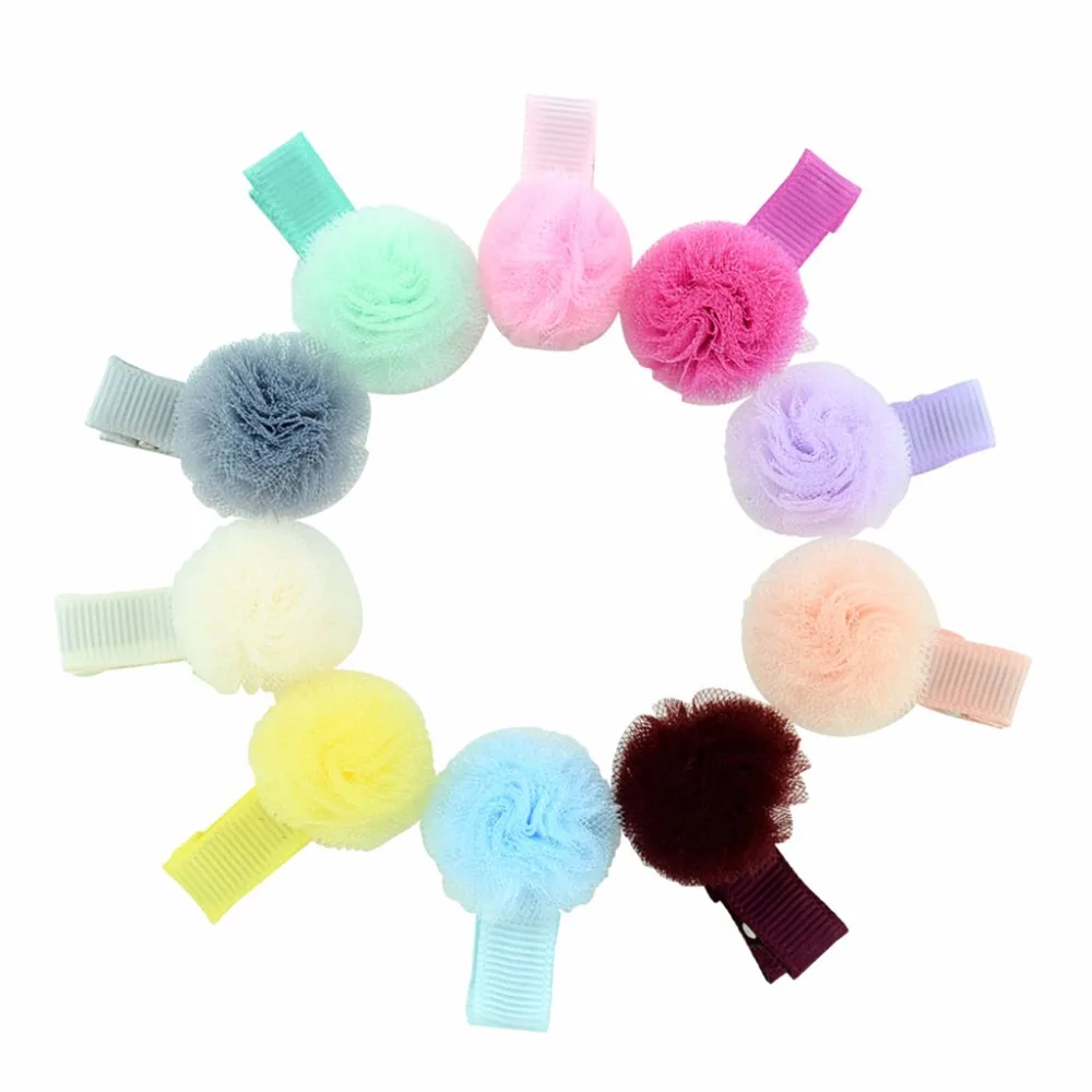 

New 10Pcs Baby Girls Small Tulle Ball Hair Clips Handmade Barrettes Head Accessories Random Golor