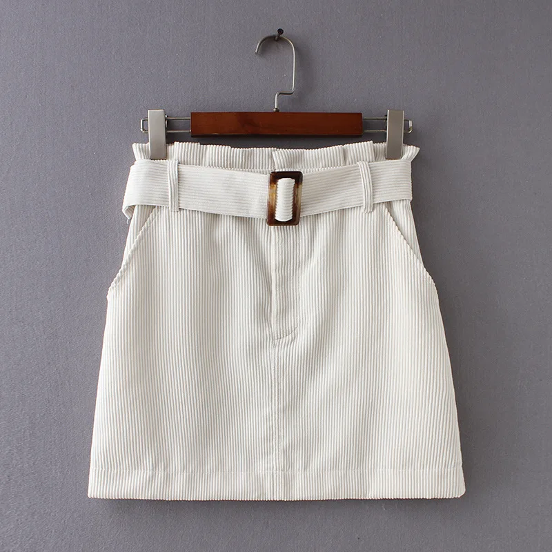 

2018 Autumn New Style WOMEN'S Dress Western Style Corduroy Solid Color Belt Decoration Short Skirt Half-length Skirt Women's