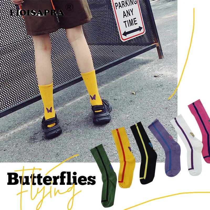 

New Products Autumn/Winter 2019 Tide Socks Creative Casual Cartoon Harajuku Butterfly Embroidery Meias Colorful Candy Color Sox