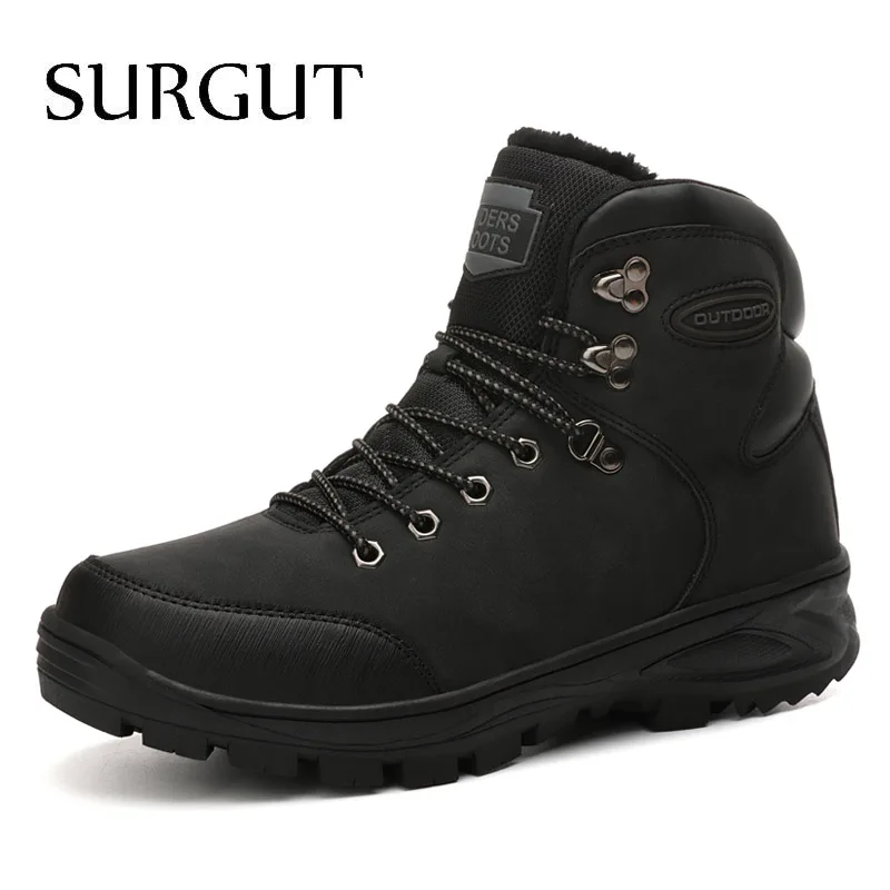 02 Black Зимние мужские ботинки из SURGUT кожи; водонепроницаемые очень теплые зимние ботинки на меху; Мужская Зимняя Повседневная Рабочая обувь; армейские ботильоны - Цвет: 02 Black