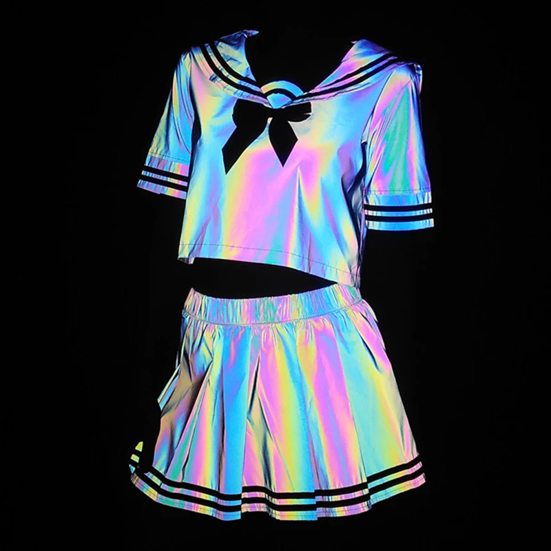 Colorful Reflective Sexy Shirt Women Pleated Skirt Two Piece Set