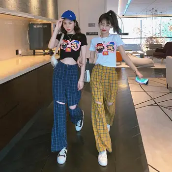 

Fashion Pants Set Women Tracksuit Two Piece Set Cartoon Short Tshirt With Long Ripped Hole Plaid Pants