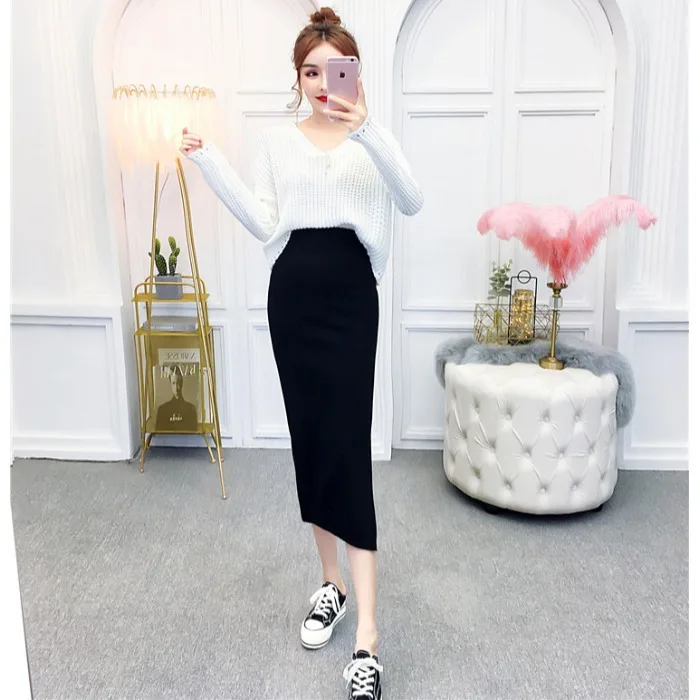

Online Celebrity Tops 2019 New Style Douyin Sweater + Slit Sheath Knitted Skirt Set Two-Piece Set Western Style Fashion