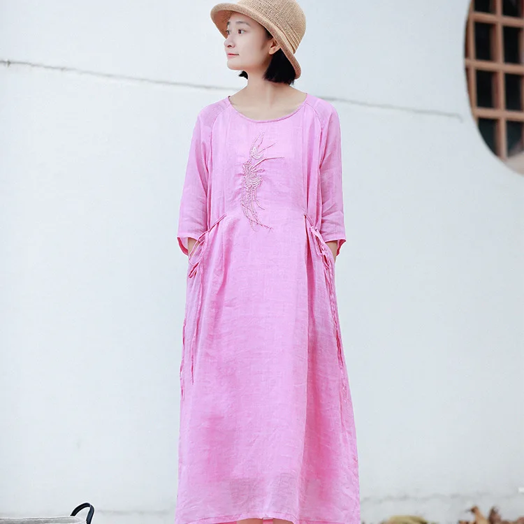 

Women Spring Ramie Loose Embroidered Dress Ladies Vintage Retro Embroidery Dresses Female 2020 Dress