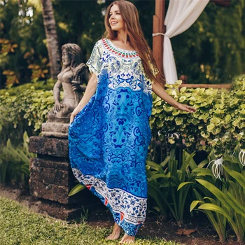 

2020 Bohemian Printed Maxi Beach Dress Plus Size Tunic Summer Beach Cover-Up Women Beach Wear Robe De Plage Sarong