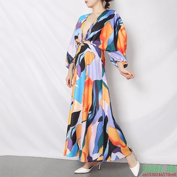

Casual Print Summer Dress Women V Neck Lantern Half Sleeve High Waist Hollow Out Hit Color Midi Dresses For Female