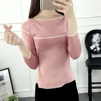 

Ladies Casual Long Sleeve Sweater Slim Sweet Striped Tops pull femme Women One Word Collar Elasticity Knitted Sweater
