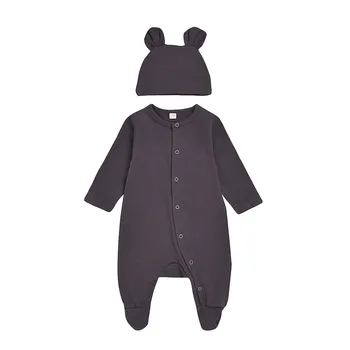 

0-12m Baby Jumpsuit Newborn Baby Solid Long Sleeve Jumpsuit Spring Infant Unisex Cotton Romper+hat Outfits 2pcs Clothes #LR2