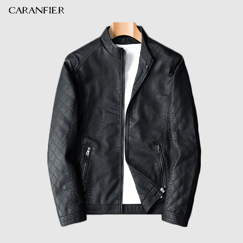 Черный CARANFIER2019 Новое поступление мотоциклетная кожаная куртка Мужские кожаные куртки модные уличные стильные мужские кожаные пальто - Цвет: Черный