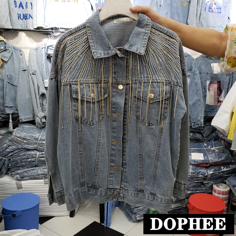 

Fall 2019 New Korean Short Jeans Jacket Female Students BF Ins Diamond Tassel Chain Denim Coat Women Loose Outwear