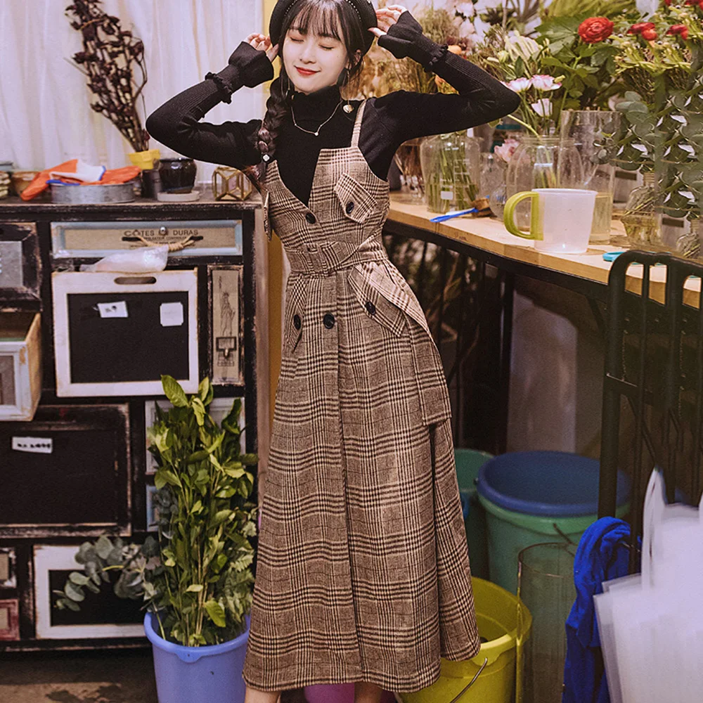 

Women Spring Two Piece Sets Pullover Black Sweater And A-Line Plaid Dress Button Belt Korean Fashion Long Sleeve Set Vintage