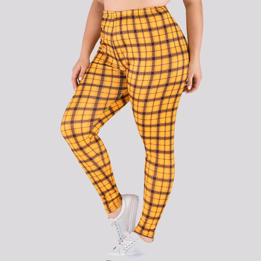 Ladies Pants Large Size Womens Elastic Waist yellow Lattice Printing Casual High Waist Leggings legging taille haute E