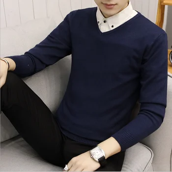 

New Slim Knitted Cashmere Wool Sweaters Men's Tops Pullovers Autumn Winter Warm Solid Color V Neck Full Sleeve Sweaters