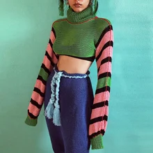 

Fashion Striped High Neck Cropped Top Women's Knitted Long-sleeved Autumn Short T-shirt Streetwear All-match Stretch T-shirt