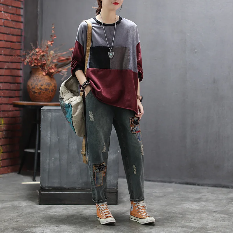 Осенняя футболка Женские Ретро свободные повседневные Пуловеры Новые топы с О-образным вырезом с вставками женские футболки на любой вкус
