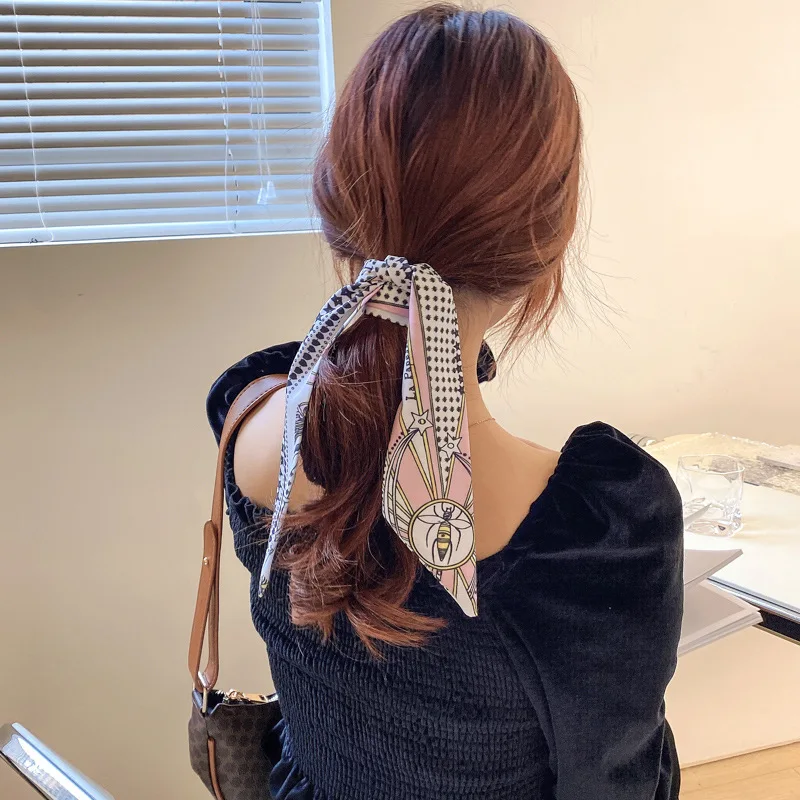 Women Silk Scarf Headband Female Tied Hair Summer Ribbon Retro French Bow Korean Horsetail Bundle Japanese Girl Hair Headdress