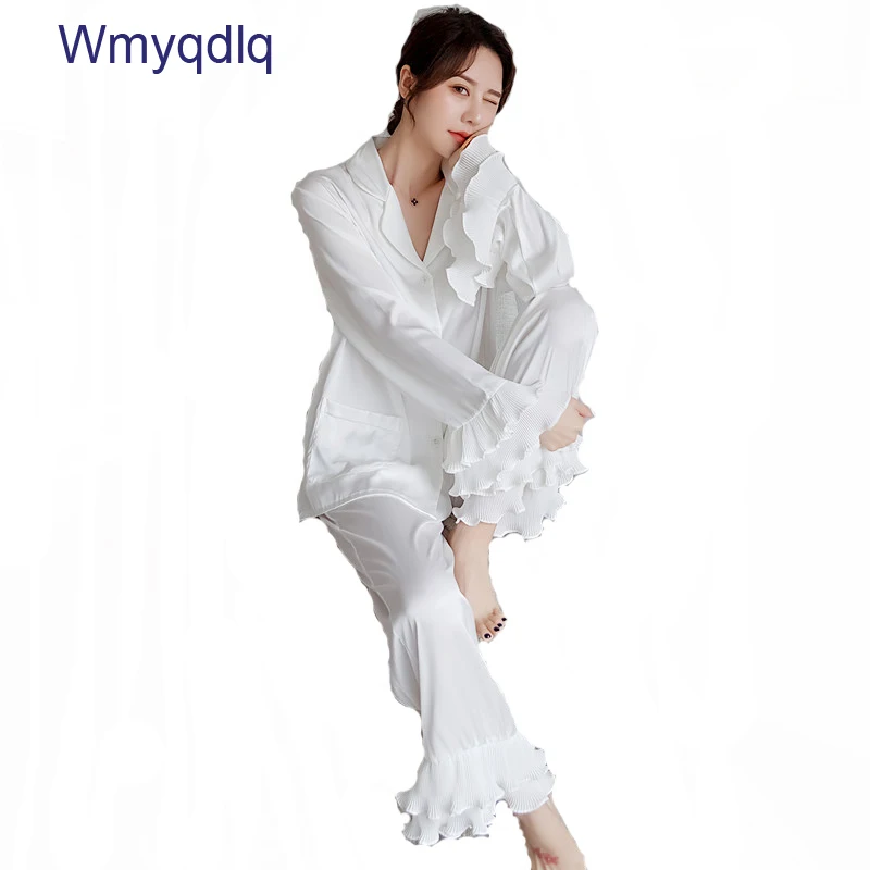 

Wmyqdlq Pajamas Women Summer Simulation Silk Thin Lapel Fashion Ruffled Ice Silk Home Service Two-Piece Suit Pyjamas Set