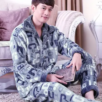 

Men Pajamas Sleepwear Coral Flannel Pajamas Set Winter Homewear Long Sleeve Sleep Tops Two Piece Set Nightwear Mens Lounge Wear