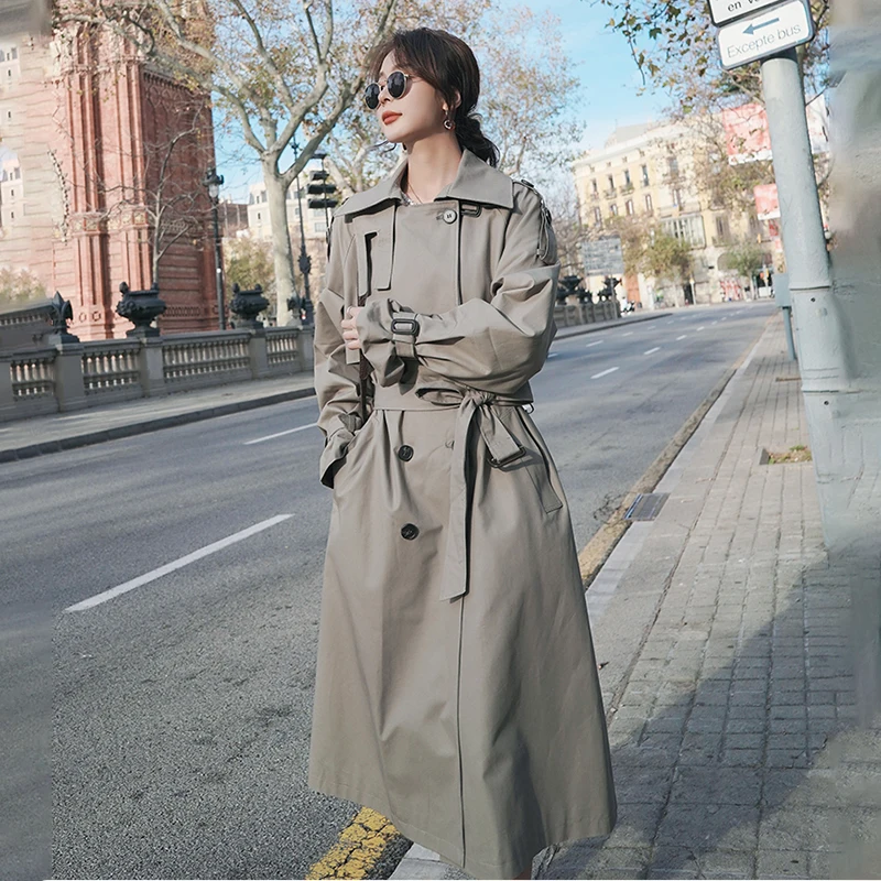 Qiangjinjiu Womens Trench Coats Double-Breasted Mid-Length Overcoat with Belt Windbreakers