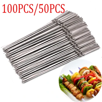 

50/100pc Stainless Steel Skewer Reusable Flat Barbecue Skewer Bbq Needle Stick Garden Outdoor Camping Tool bbq grill accessories