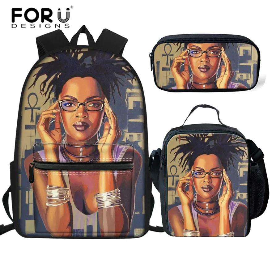 

FORUDESIGNS Teenagers 3pcs School Bags Set for Girls African American Black Art School Backpack Children Bookbags Kids Bag 2019