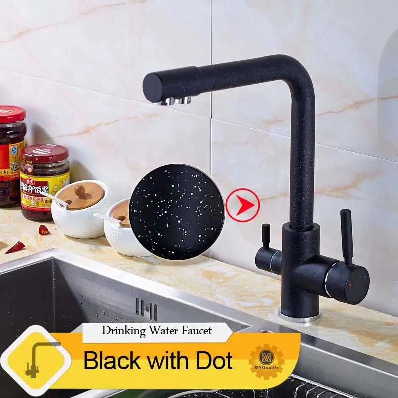black with dot Роскошные хром латунь чистой воды Кухня кран с двойной ручкой горячей и холодной питьевой воды 3-х полосная фильтр Кухня смесители - Цвет: black with dot