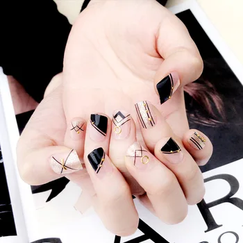 

24pcs Halloween Gift Black Solid Black Silver Glitter Geometry Oval Short Full Cover False Nail Press on Nails Decoration unhas