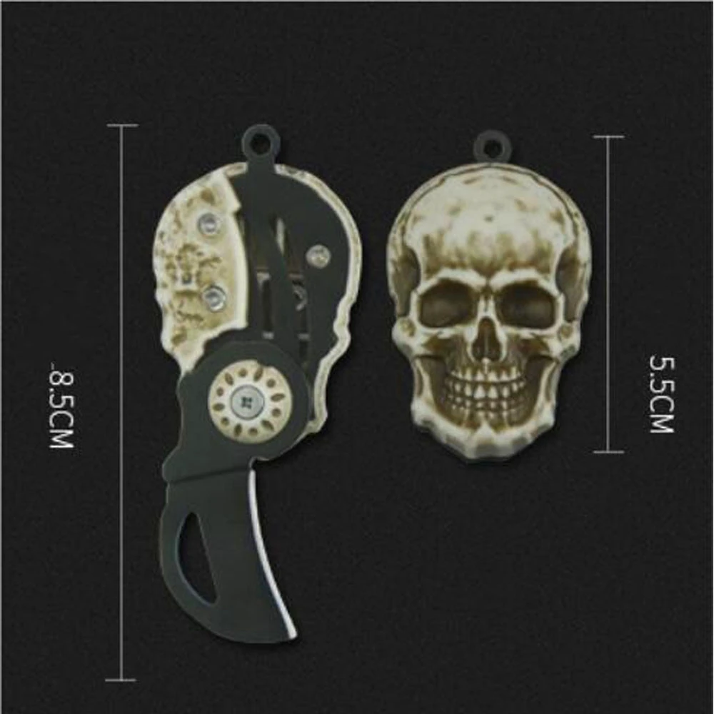 Folding Vintage Skull Design Blade Pocket Mini Knife Outdoor Camping Survival Tactical Knife Necklace Keychain EDC Crafts Tool