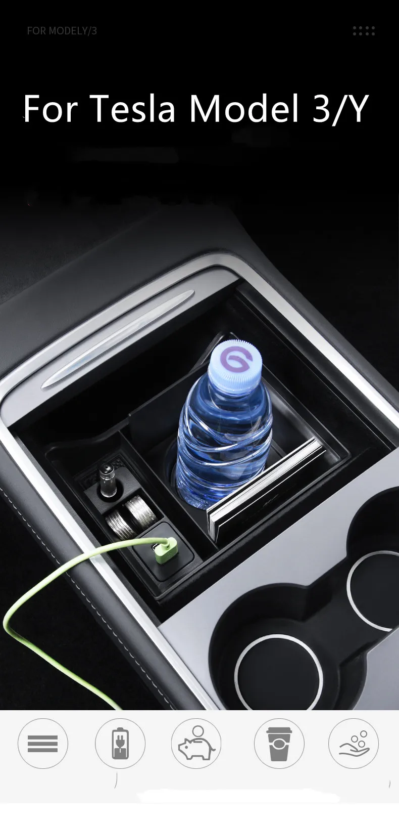 New for Tesla Model 3 Y 2021 Car Armrest Box Storage Organizer Containers Center Console Flocking Storage Box Console Holder