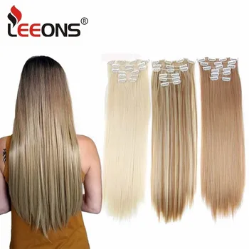 Leeons 16Clips Long Straight Synthetic Clip On Hair Extensions Cheveux Clip Naturel High Temperature Fiber Black Brown Hairpiece 1