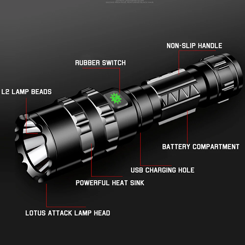 LED 사냥 전술 손전등, USB 충전식 스카우트, 매우 밝은 방수 18650 토치, 적색, 녹색, 백색
