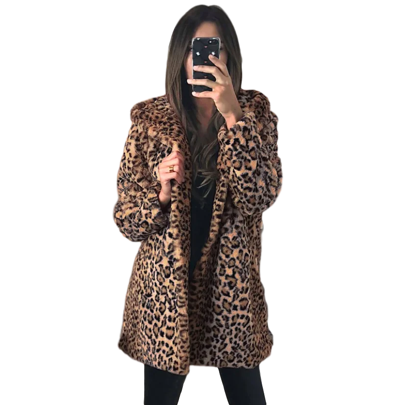 

Women's Fake Fur Coat Hooded Leopard Print Oversize Womens Jackets Artificial Female Casual Europe Outwear Autumn Winter 2020