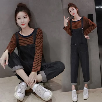 

Autumn Postpartum Women Nursing Clothes Set Long Loose Denim Overalls+Long Sleeve Zipper Breastfeeding Cotton T-shirt Twinset