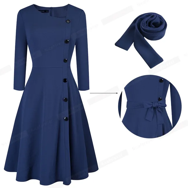 Nice-forever Spring Solid Color with Button Retro Elegant Dresses Party Flare Swing Women Dress A241 2