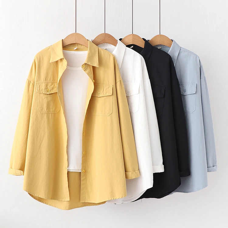 Fresh Simple Solid Color Loose Shirt Women Autumn New Woman Casual Long Sleeve Blouse Cotton Office Blouses Tops Blusas