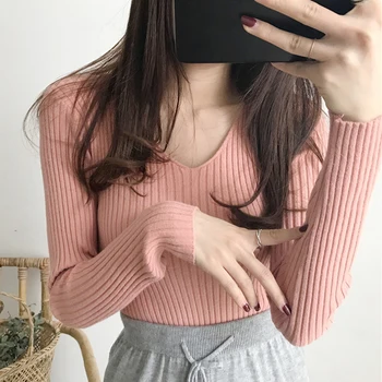 

Autumn Winter Basic Sweater Women V-neck Solid Bottoming Sweater Pullover Women Slim Long Sleeve Badycon Knitted Sweater Female
