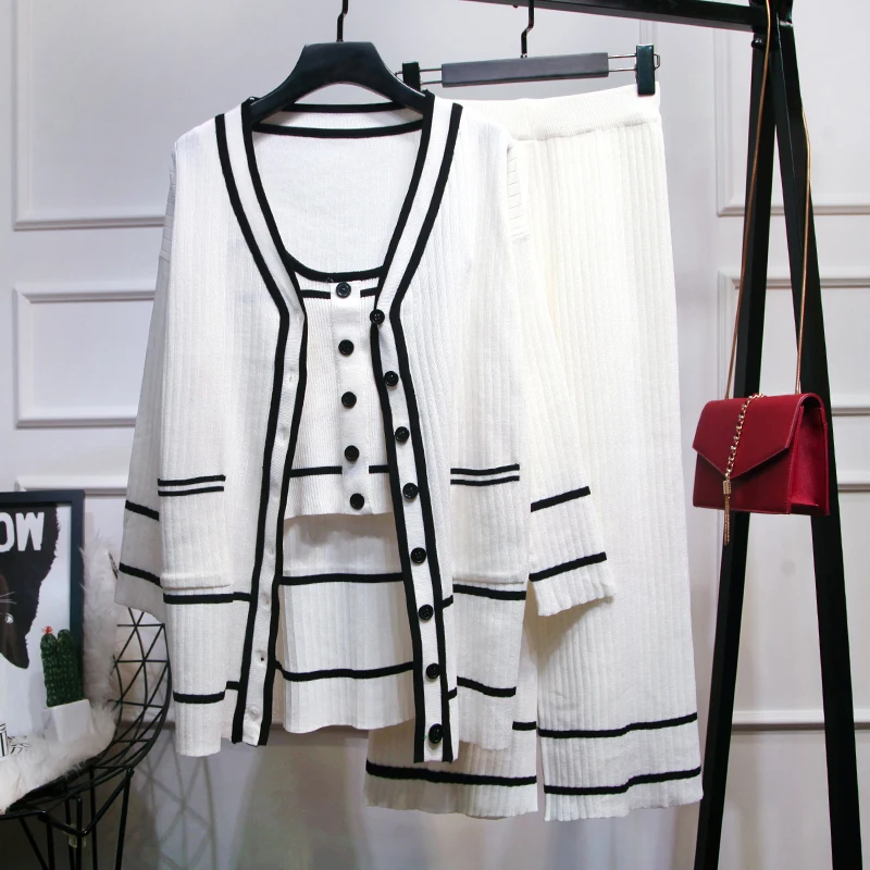 

[EWQ]Sweet Long Sleeve Loose Sling Knit Open Stitch Coat Wide Leg Trousers High Quality Ladies 3 Piece Set 2019 Autumn New QK855