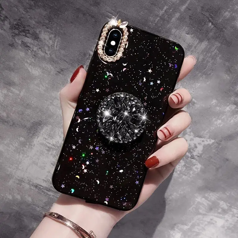 black Rhinestone Glitter Finger Ring Case for iphone 11 Pro XS MAX XR 10 X 7 8 6 6s Plus Soft Silicone TPU Diamond Sexy Girl Cover - Цвет: black