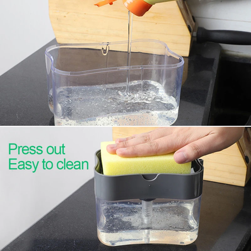 2 in 1 Soap Dispenser Pump with Sponge Manual Press Cleaning Liquid Container Manual Press Soap Organizer Kitchen Clean Tool