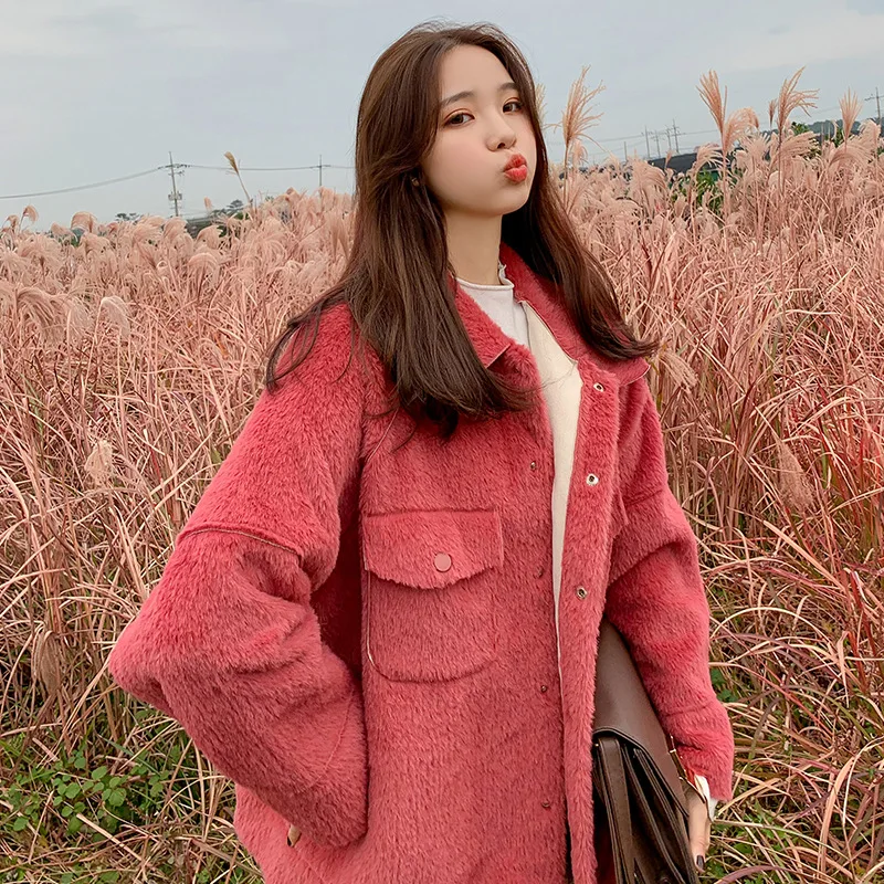 

Korean-style Sweet Graceful Short Coat Women's CHIC Imitation Rabbit Fur Loose-Fit Plush Overcoat Students 2019 Watermelon Red